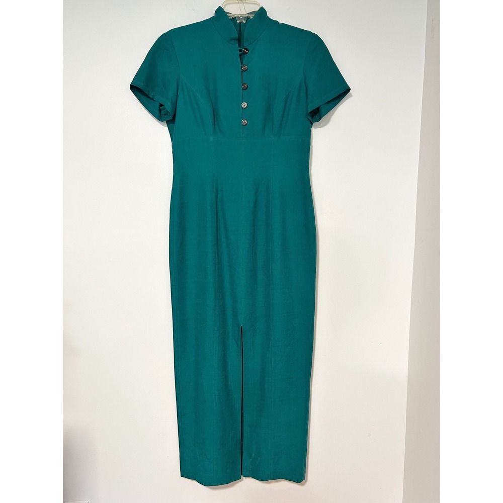 Dana Buchman Silk Teal Green Mandarin Collar Sheath Midi Dress Size 6 32820212